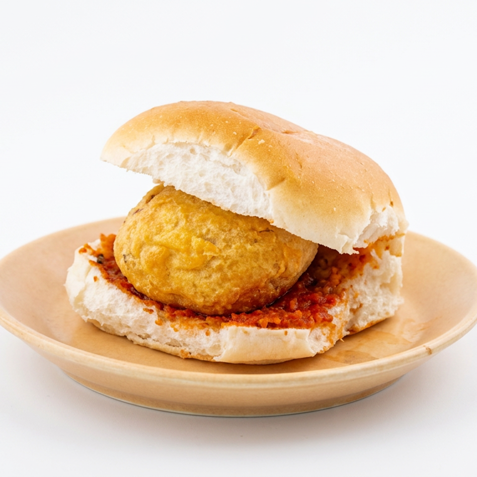 Crispy fried patty sandwich with spicy red sauce on a tan ceramic plate.