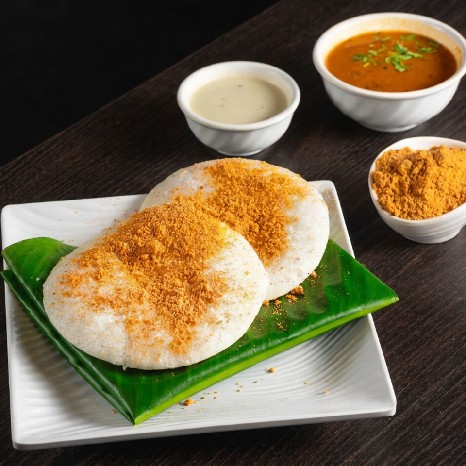 South Indian idlis topped with spice powder on a banana leaf, served with coconut chutney and sambar.