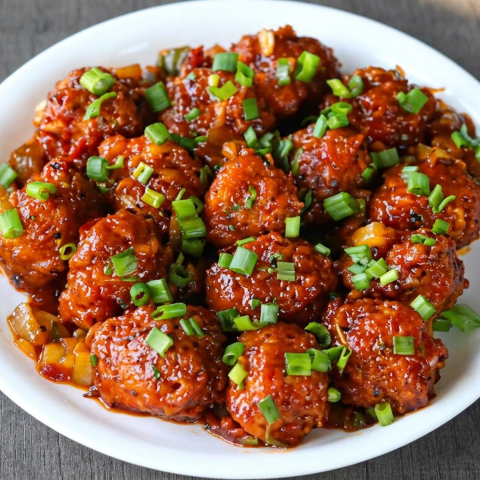 Glazed spicy meatballs topped with chopped green onions, served in a white bowl on a dark wooden table.