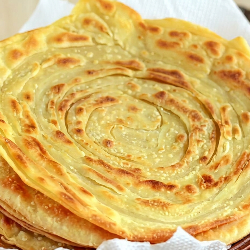 Stack of golden, flaky spiral flatbreads served in a woven basket lined with white paper.