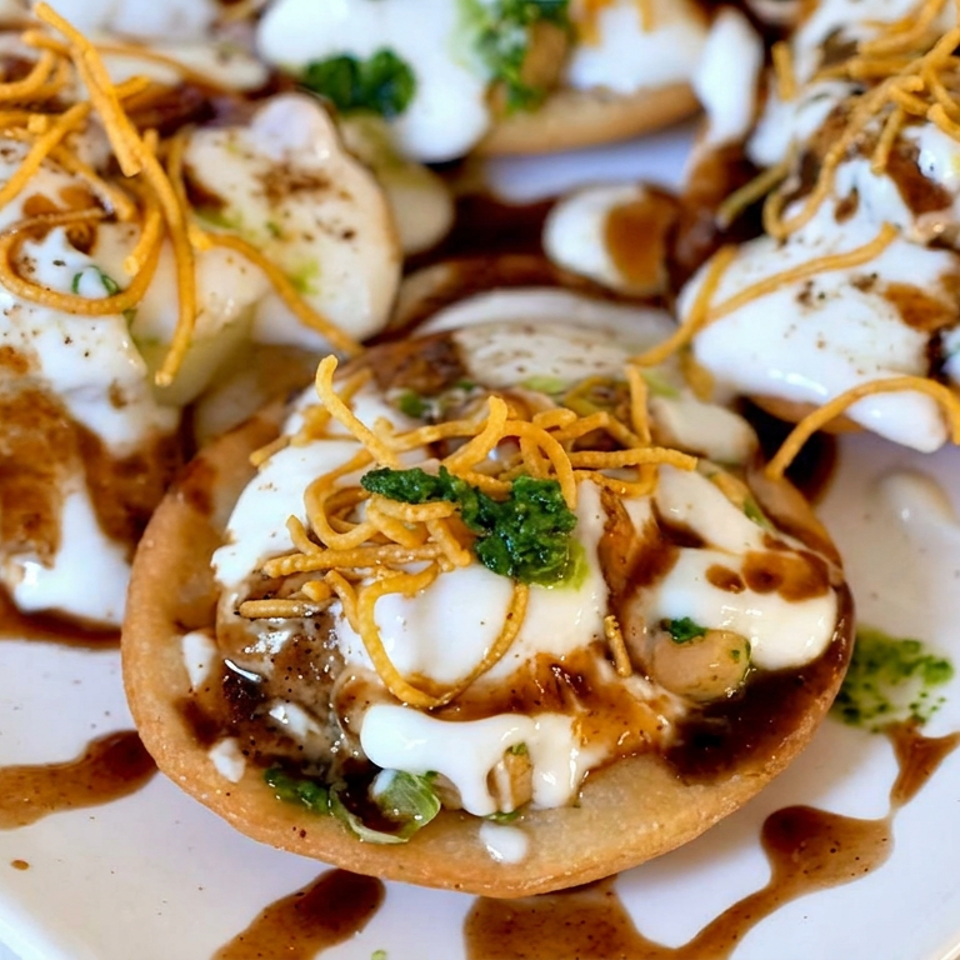 Crispy fried chaat topped with yogurt, chutneys, sev, spices, and fresh cilantro on a white plate.