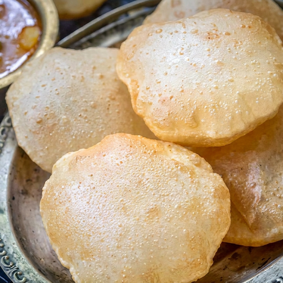 Stack of golden puffed puris served on an ornate plate with potato curry, cilantro, and metal serving tongs.