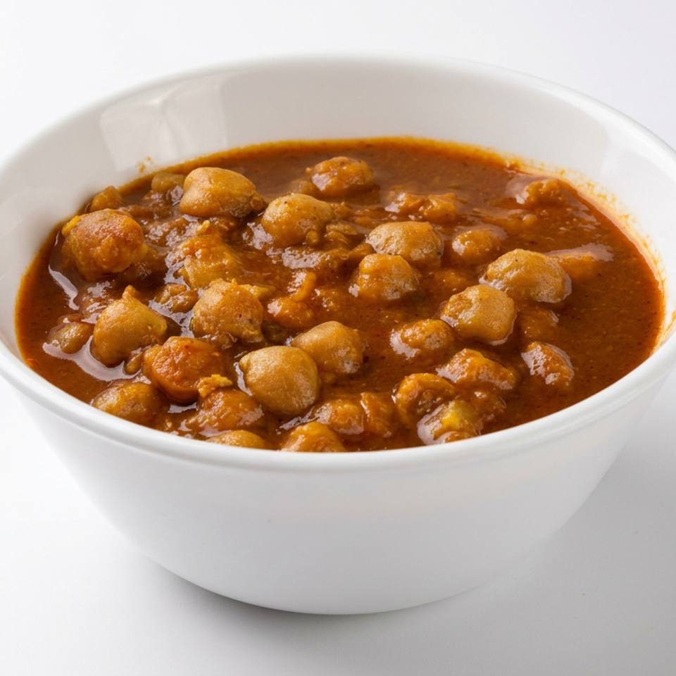 Bowl of chickpeas simmered in a rich, glossy reddish-brown curry sauce on a white surface.
