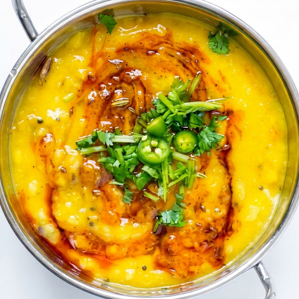 Overhead view of yellow Indian lentil curry garnished with cilantro and sliced green chilies in a metal serving bowl.