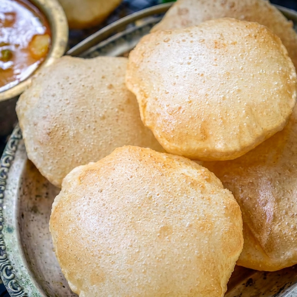 Golden Indian puris piled on an ornate plate beside a bowl of potato curry and fresh cilantro.