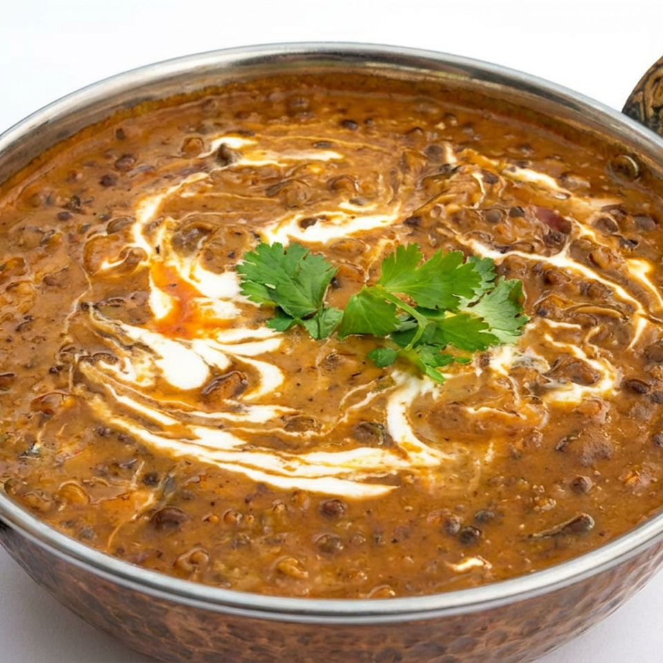 Creamy Indian black lentil curry garnished with cilantro and swirled cream in a decorative metal serving bowl.