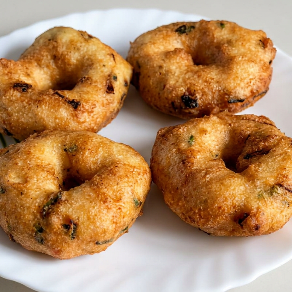 Four golden-brown fried savory doughnuts with dark seasoning flecks arranged on a white scalloped plate.