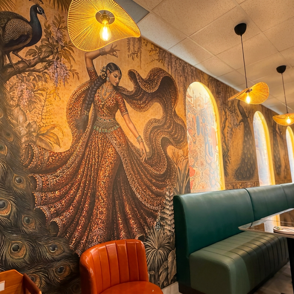 Indian restaurant interior featuring a peacock mural, traditionally dressed woman, green booths, and warm pendant lighting.
