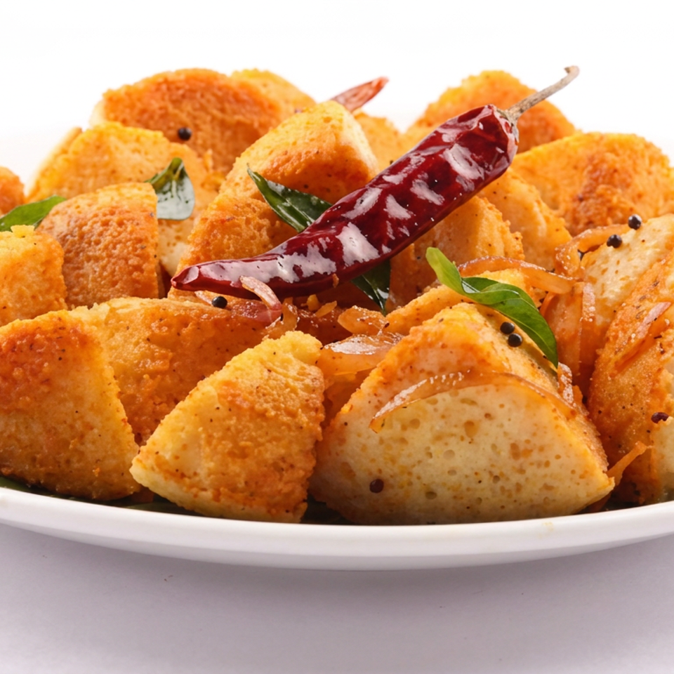 Plate of golden fried Indian snacks garnished with curry leaves, mustard seeds, onions, and a dried red chili.