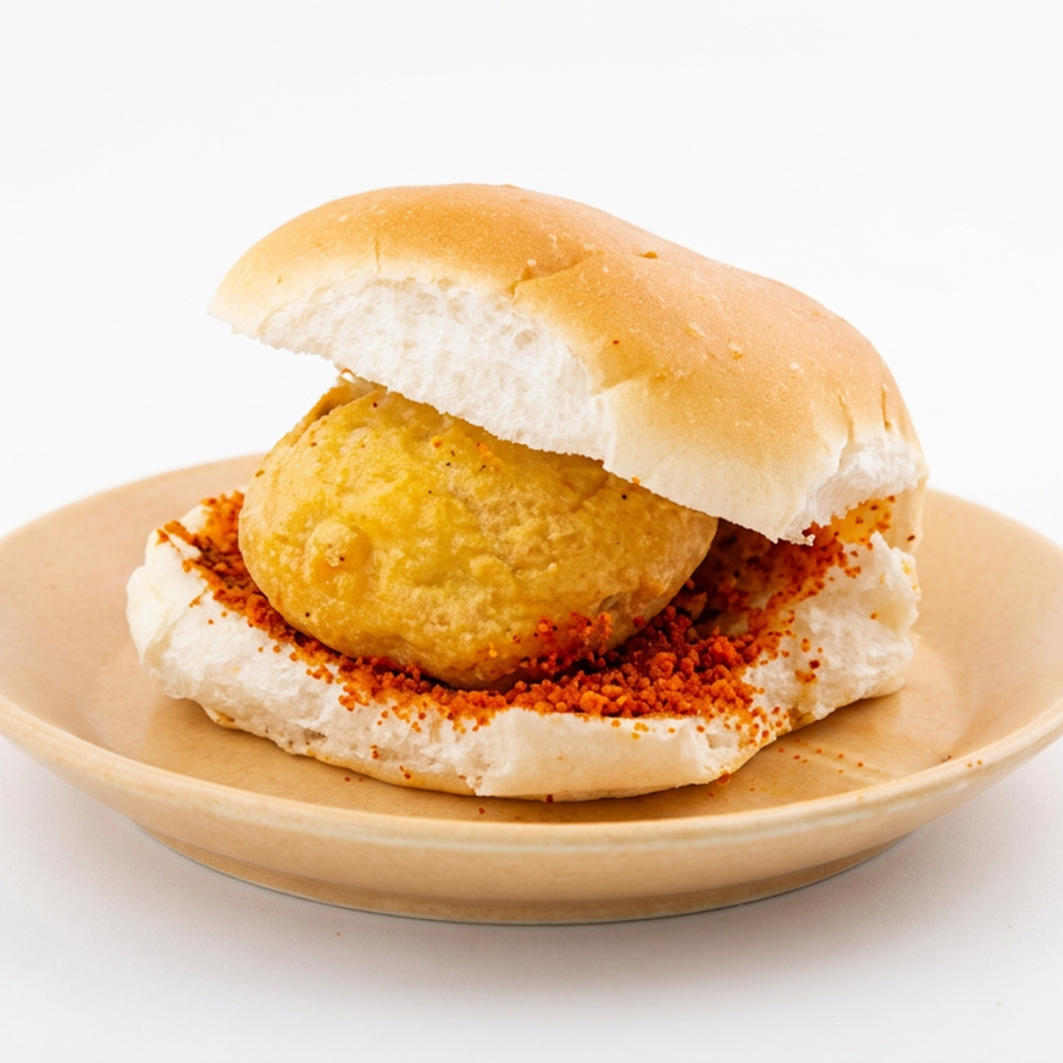 Indian vada pav sandwich with a golden potato fritter and red chili chutney on a beige plate.
