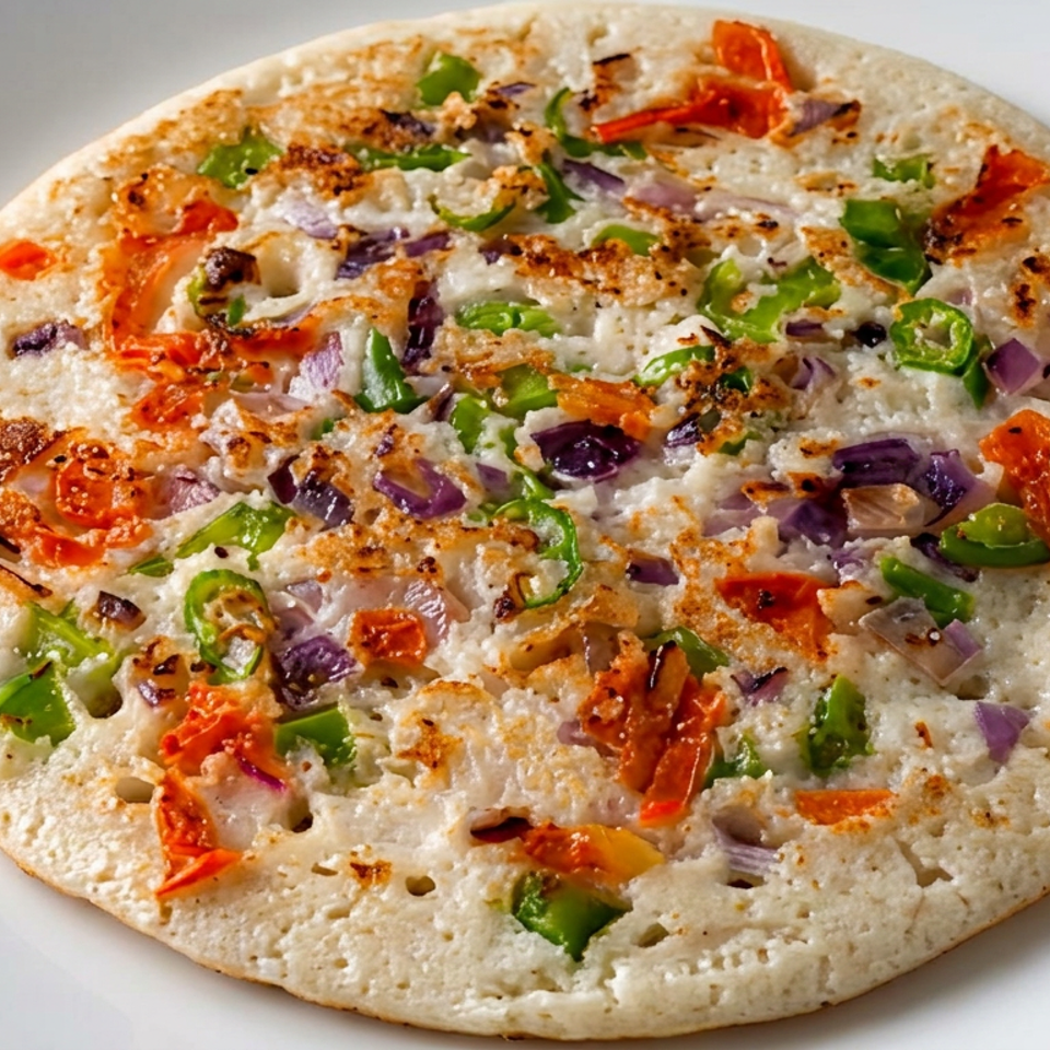 Round savory flatbread topped with melted cheese, tomatoes, green peppers, and red onions on a white plate.