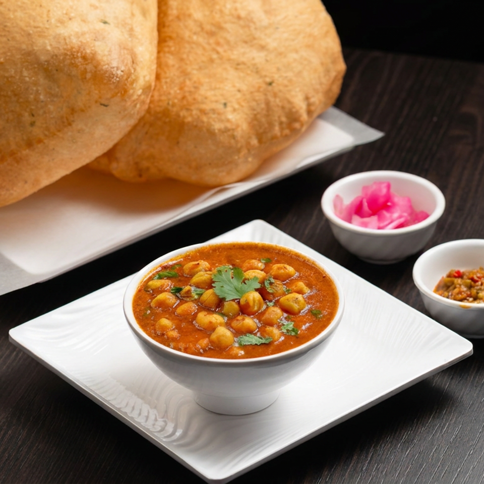 Chickpea curry garnished with cilantro, served with puffed breads, pickled onions, and chutney on a dark wooden table.